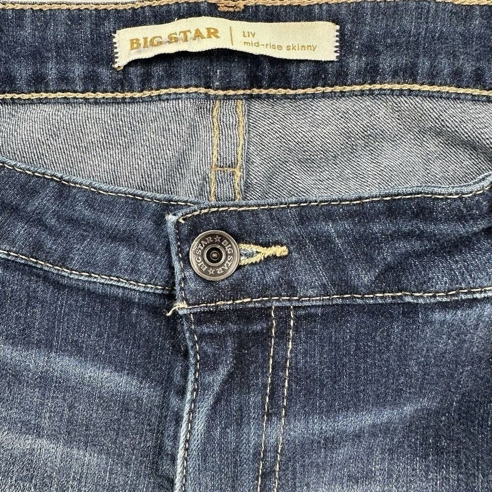 Big Star Liv Size 33R Mid Rise Skinny Jeans Dark Wash Womens Western Whiskered - Picture 6 of 9